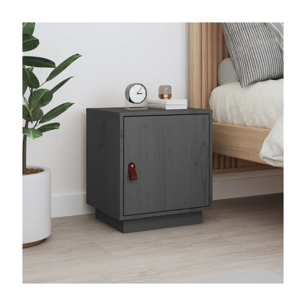 Mesita de noche madera maciza de pino gris 40x34x45 cm
