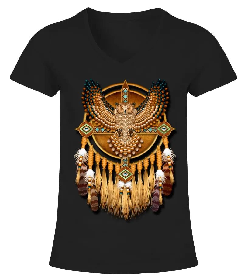 Native Owl Totem Camiseta cuello pico Mujer