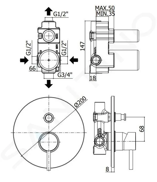 PAFFONI STICK  GRIFO EMPOTRADO PARA 2 DISPOSITIVOS CON CUERPO DE MONTAJE, ACERO INOXIDABLE SK015ST