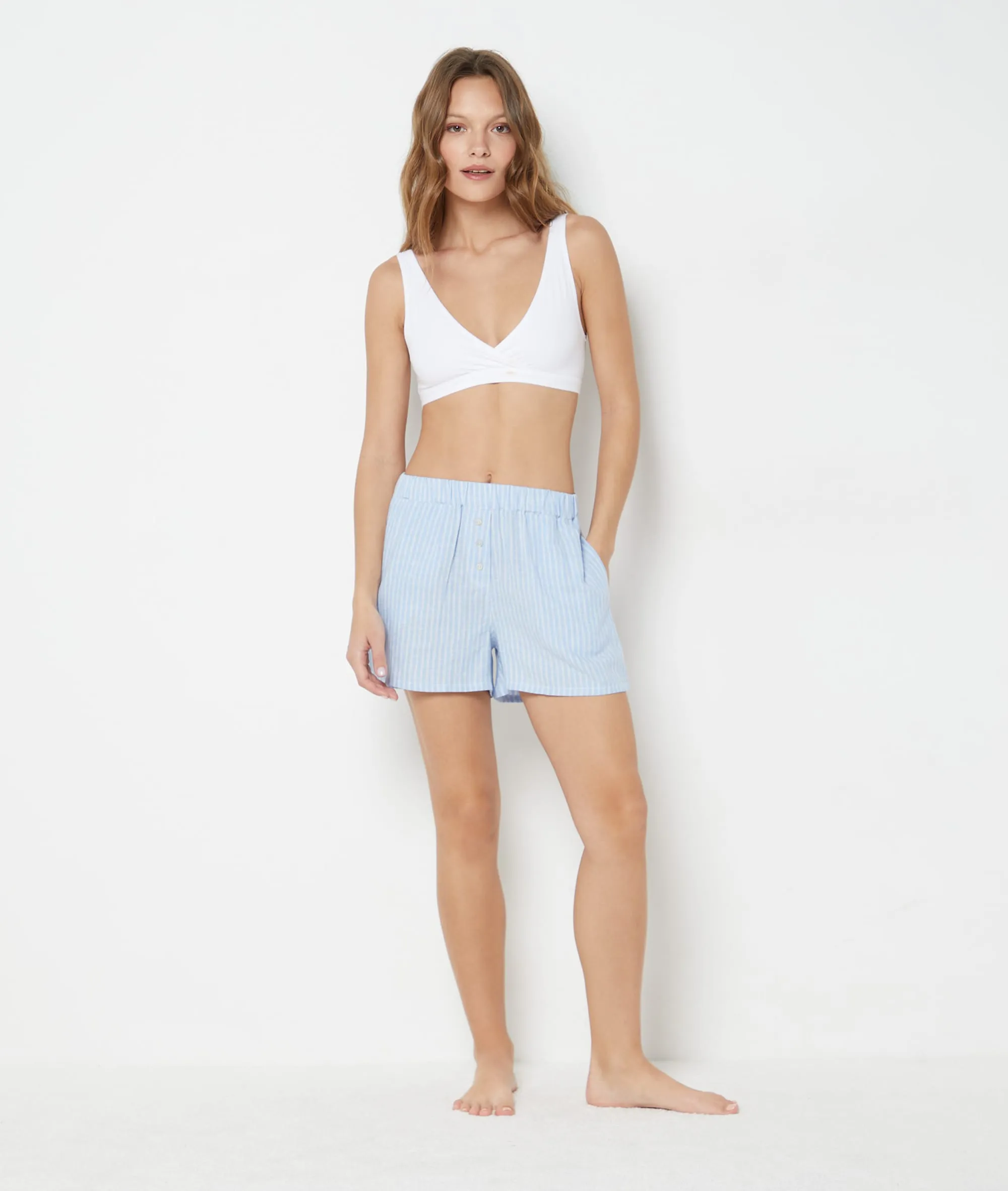 PANTALóN CORTO DE LINO, ESTAMPADO RAYAS CLAYTON BLEU  ETAM