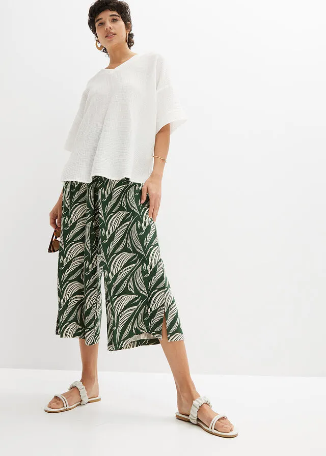 PANTALóN DE PUNTO ANCHO CON NIDO DE ABEJA VERDE OSCUROBEIGE ARENA CON ESTAMPADO