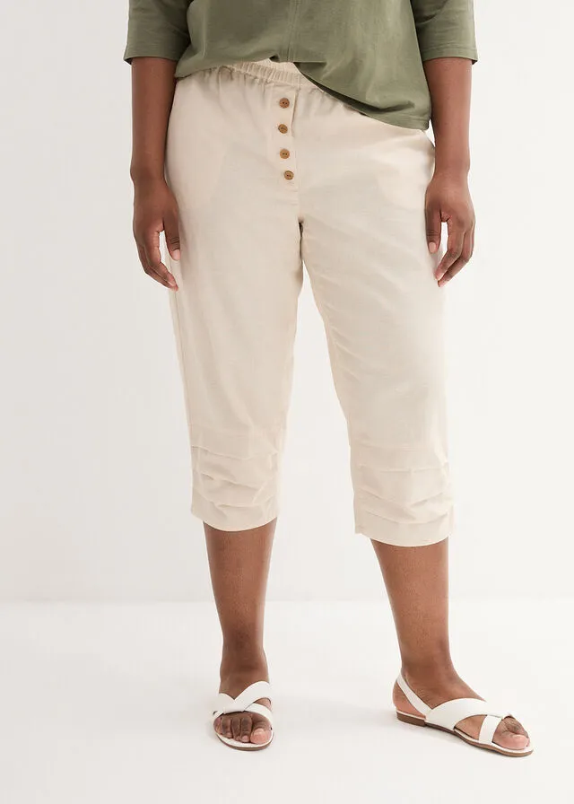 Pantalón de talle alto y largo 3/4 con lino y cintura cómoda gris guijarro