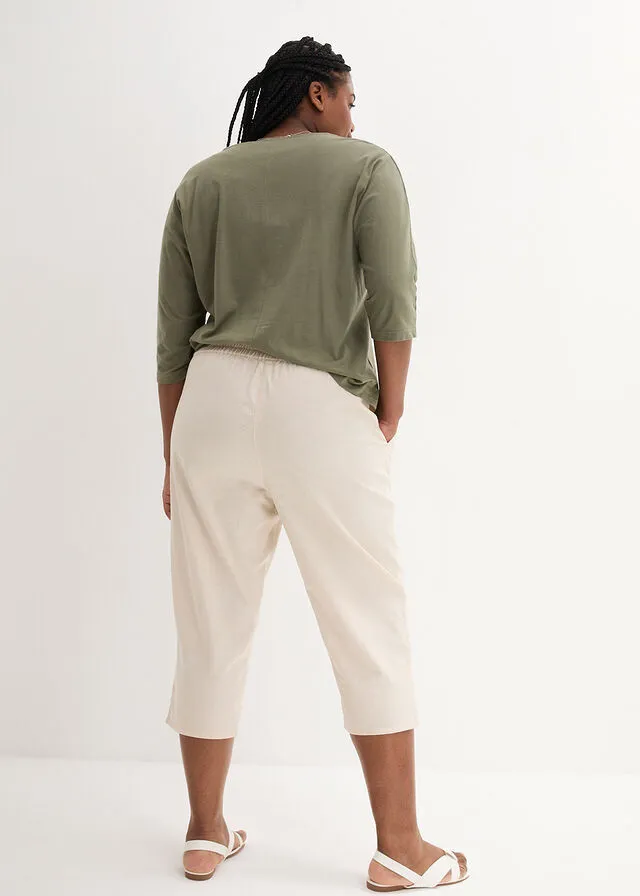 Pantalón de talle alto y largo 3/4 con lino y cintura cómoda gris guijarro