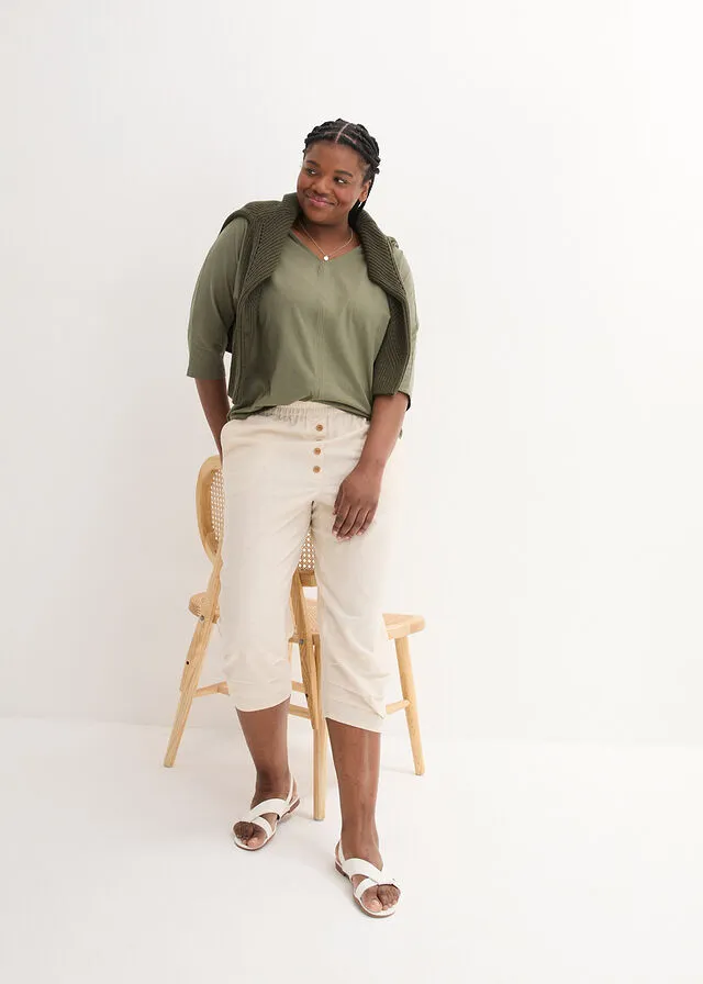 Pantalón de talle alto y largo 3/4 con lino y cintura cómoda gris guijarro