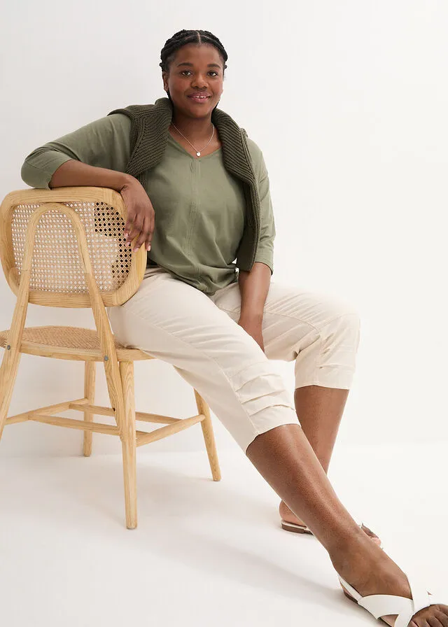 Pantalón de talle alto y largo 3/4 con lino y cintura cómoda gris guijarro