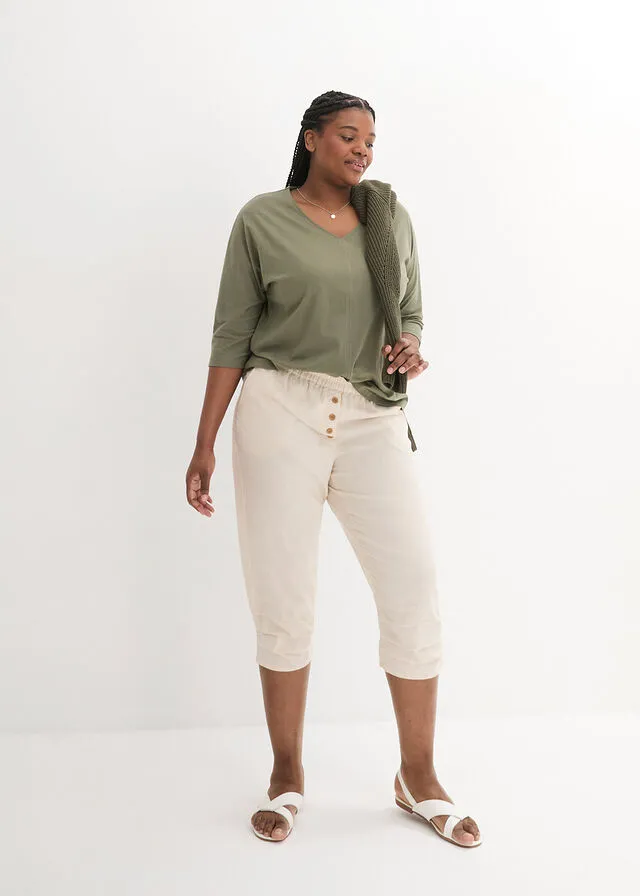 Pantalón de talle alto y largo 3/4 con lino y cintura cómoda gris guijarro
