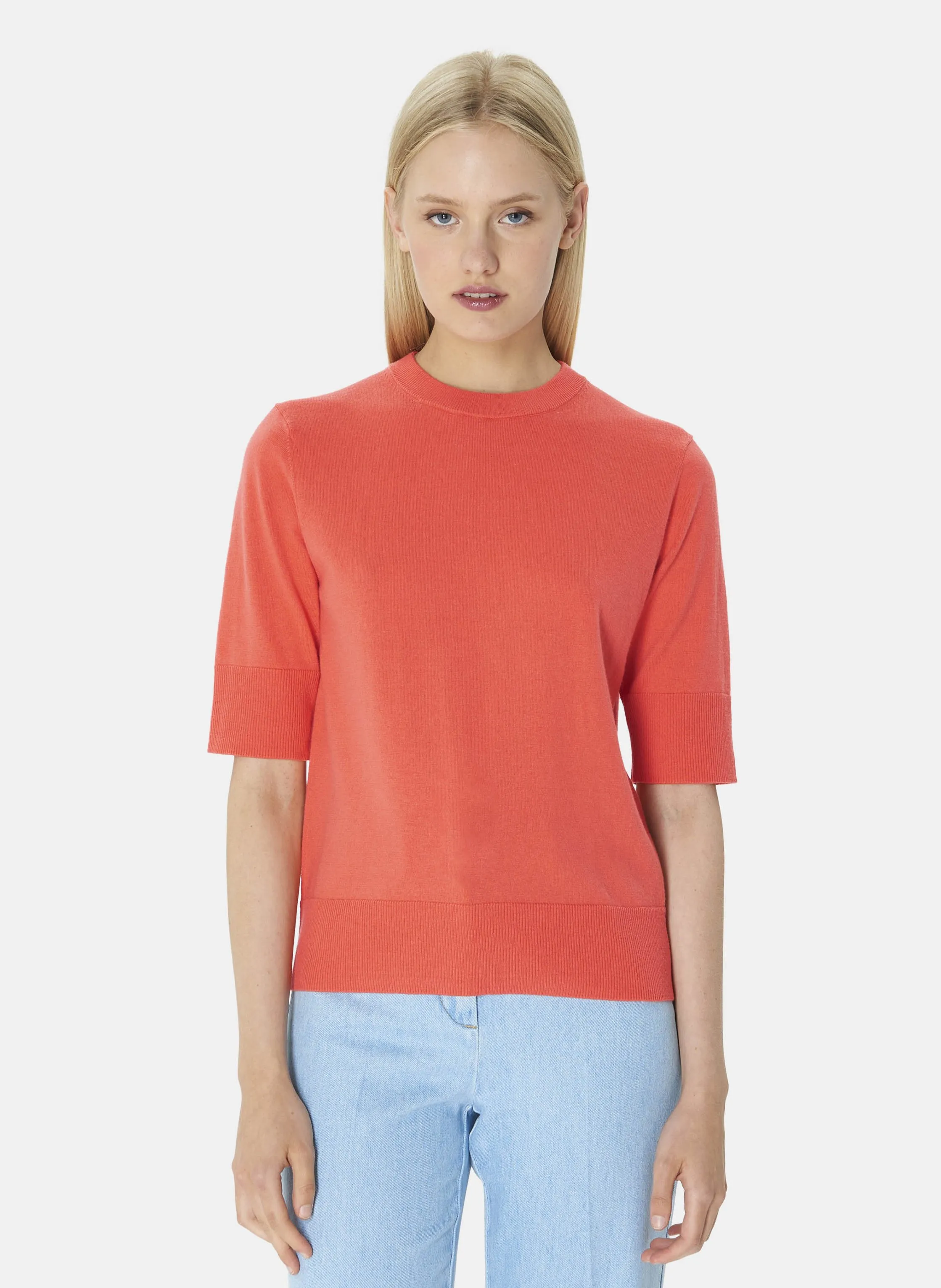 PAOLINE  JERSEY RECTO DE MEZCLA DE ALGODóN ORGáNICO Y LANA CON CUELLO REDONDO EN NARANJA