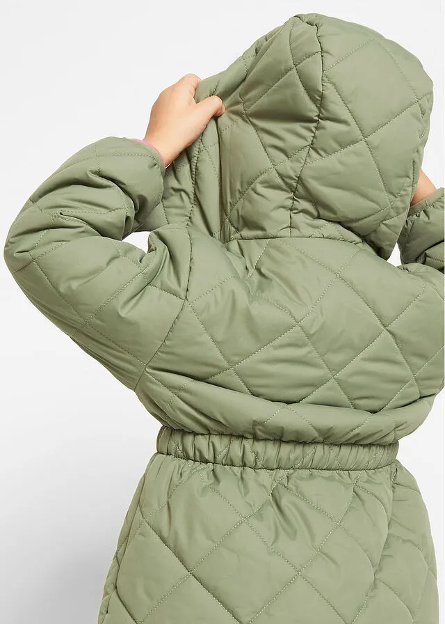 Parka con estampado de diamantes acolchado para niñas Verde oliva