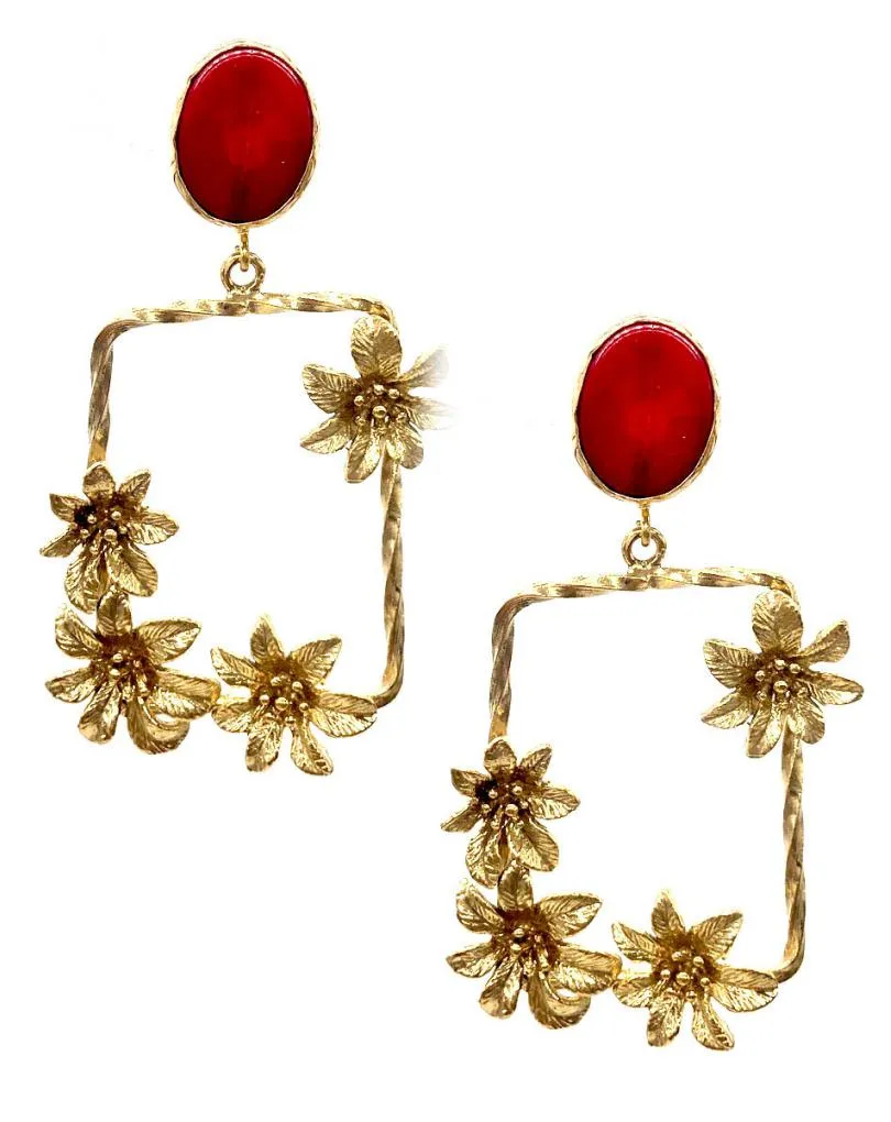 PENDIENTES LARGOS DE RUBÍ CON CUADRO DE FLORES COLGANTE