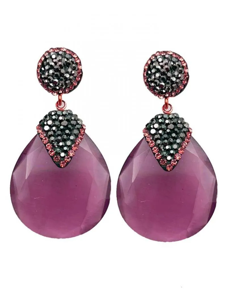 PENDIENTES VIOLETA OVALADOS CON CIRCONITAS NEGRAS Y DORADAS PARA VERANO