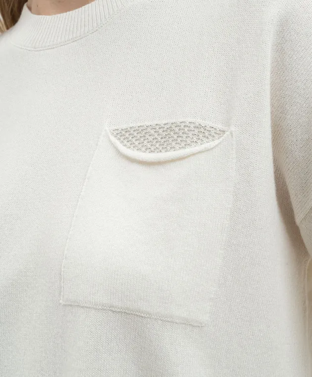 Peserico White wool, silk, cashmere sweater with monil chain