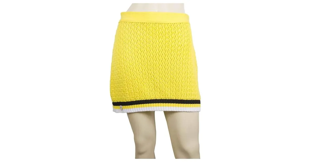 Philipp Plein Minifalda De Algodón De Punto De Ocho Amarillo Cráneo Rayas Negras Y Blancas M 