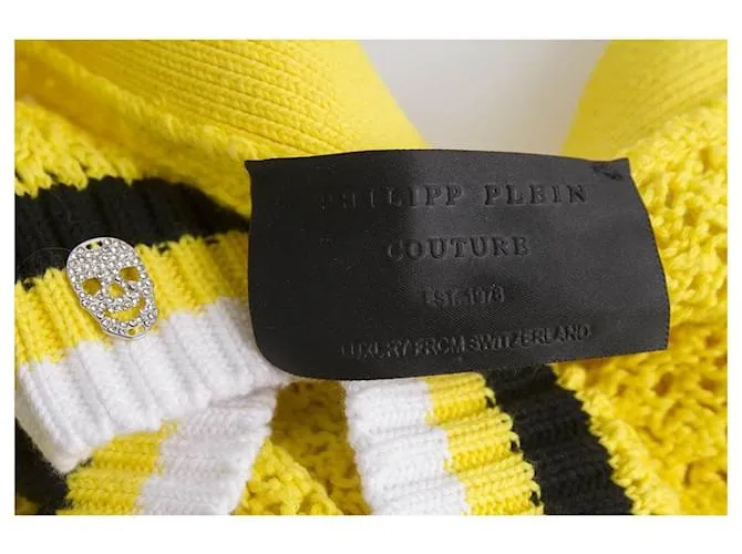 Philipp Plein Minifalda De Algodón De Punto De Ocho Amarillo Cráneo Rayas Negras Y Blancas M 