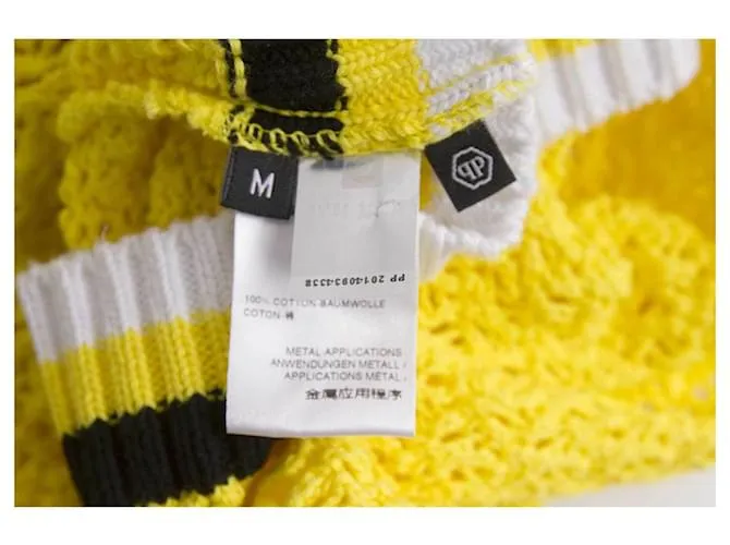 Philipp Plein Minifalda De Algodón De Punto De Ocho Amarillo Cráneo Rayas Negras Y Blancas M 