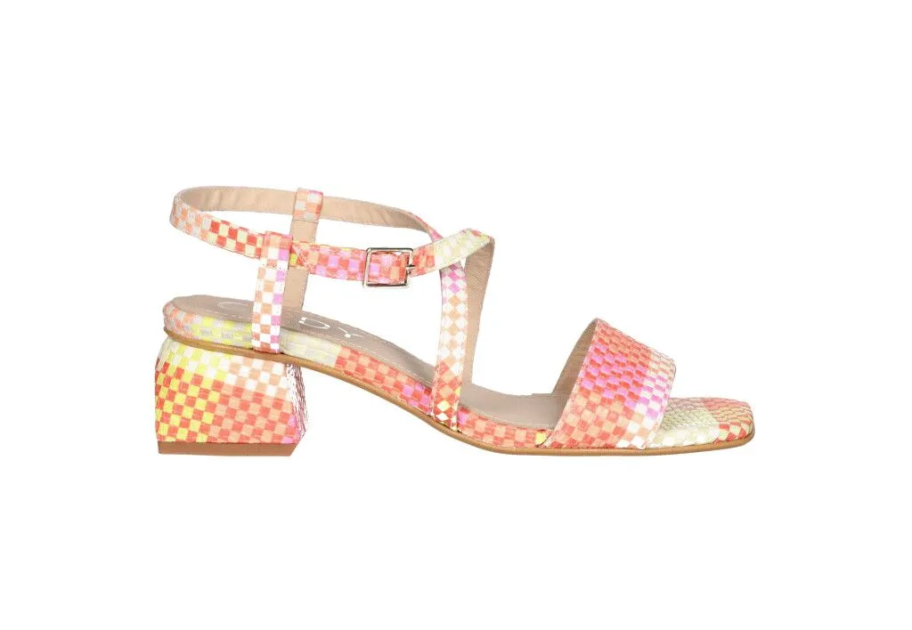 Sandalia Piel Estampado Cuadros Naranja/amarillo/rosa Empeine Cruzado