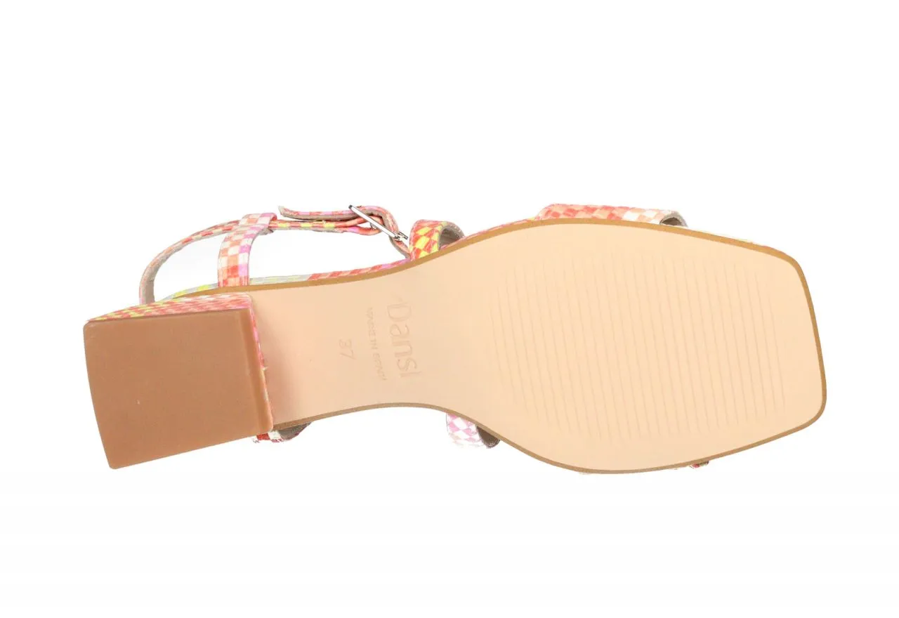 Sandalia Piel Estampado Cuadros Naranja/amarillo/rosa Empeine Cruzado