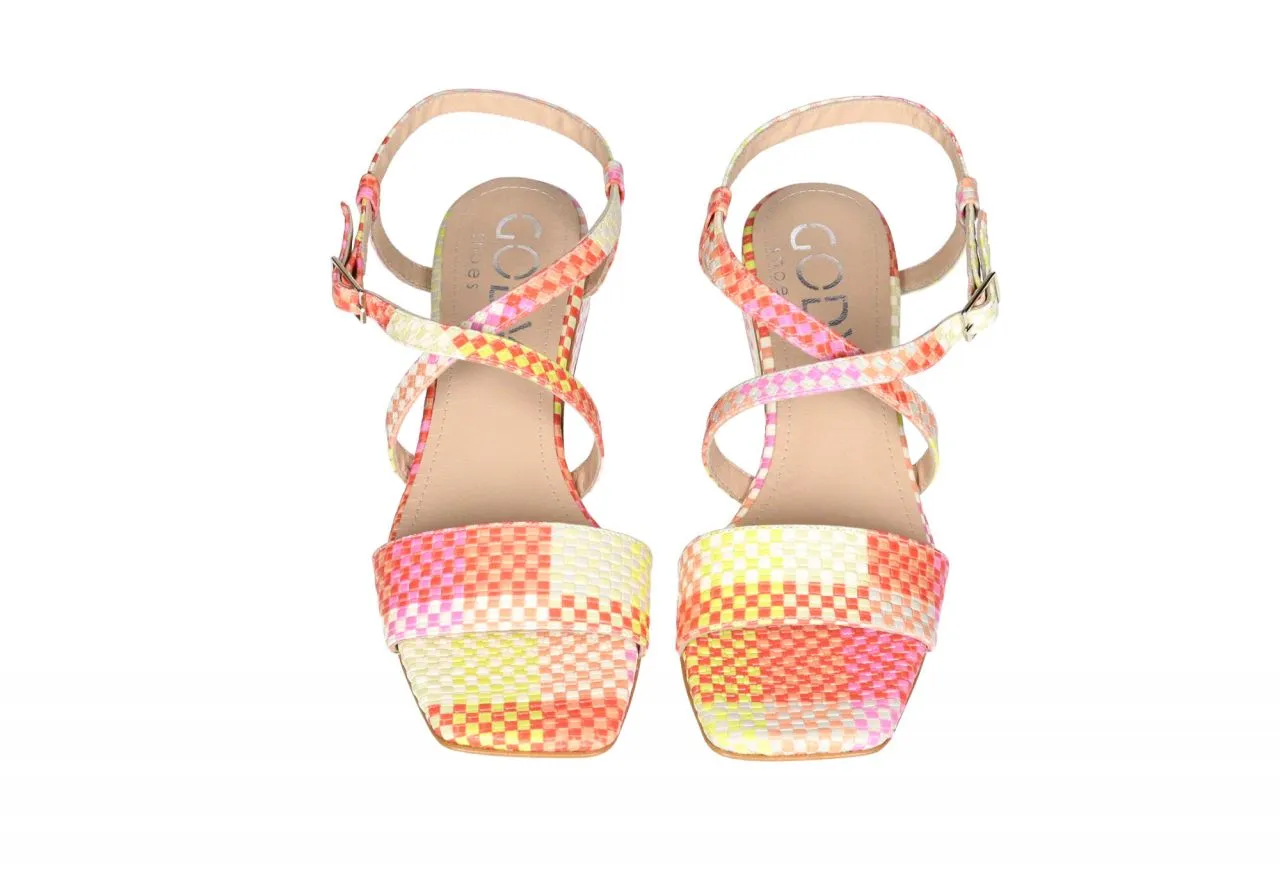 Sandalia Piel Estampado Cuadros Naranja/amarillo/rosa Empeine Cruzado