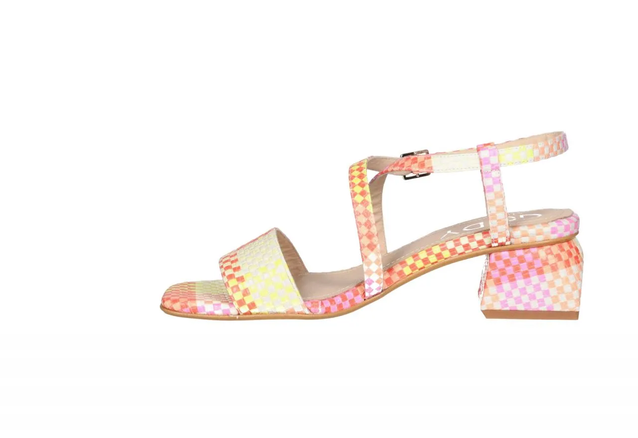 Sandalia Piel Estampado Cuadros Naranja/amarillo/rosa Empeine Cruzado