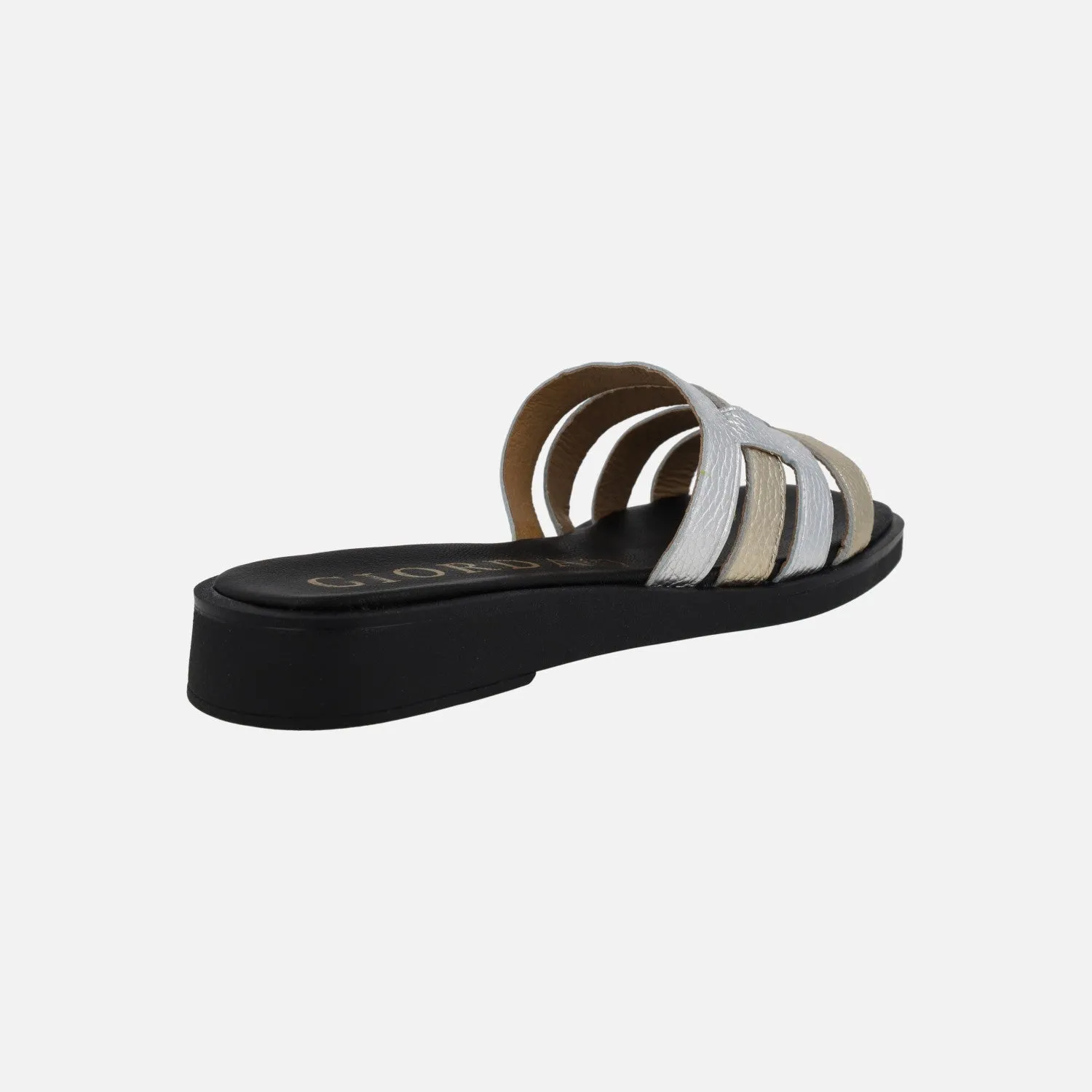 Sandalias planas de piel en combinado de metalizados
