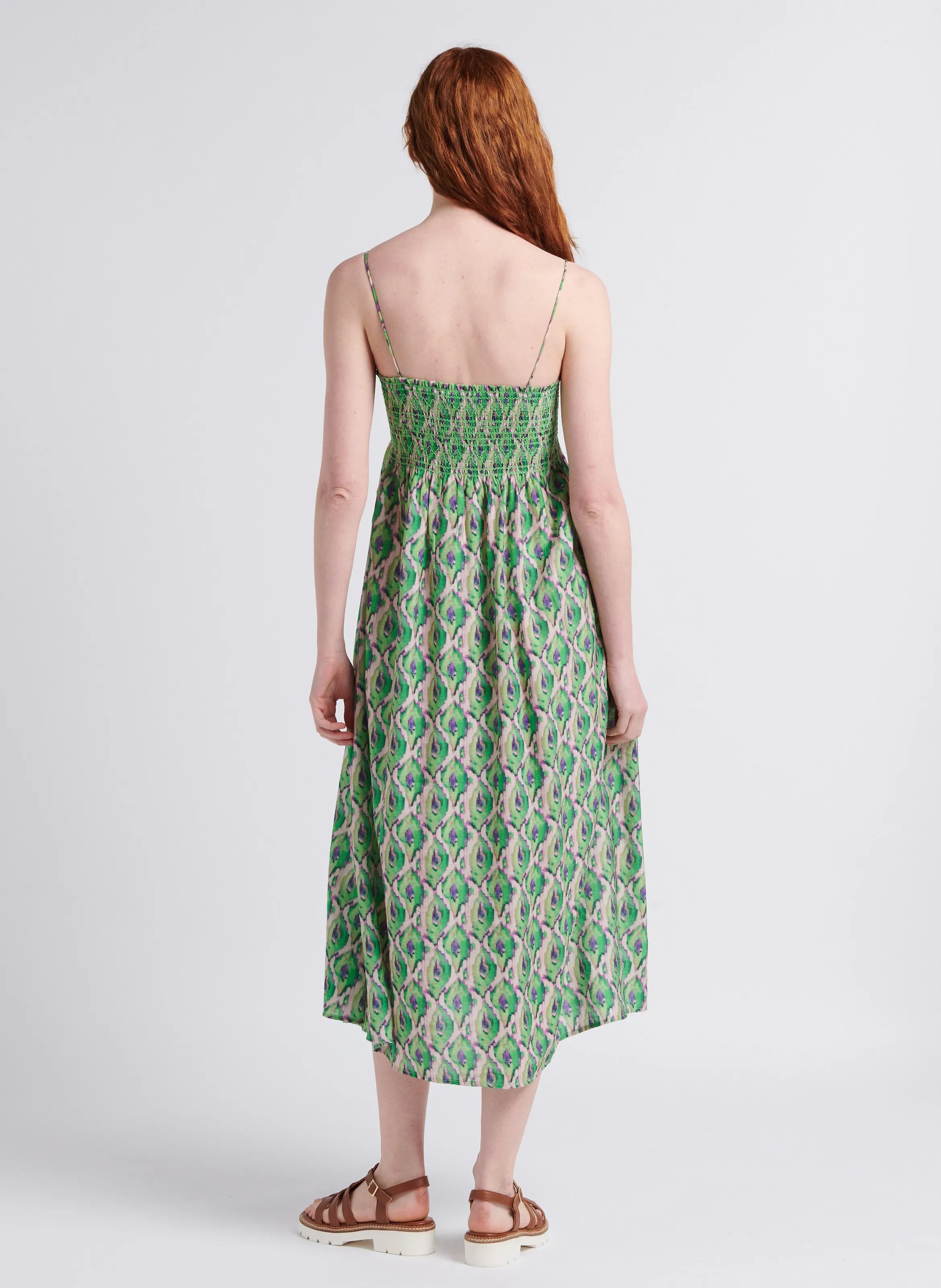 SEE U SOON Vestido midi recto estampado con escote cuadrado en verde