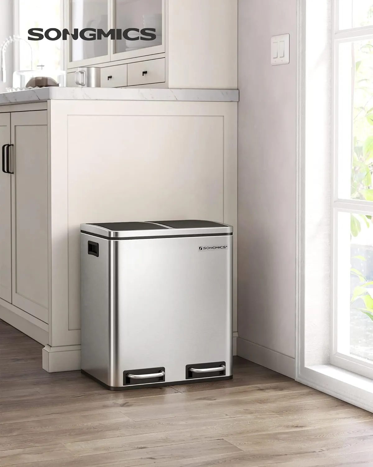 SONGMICS Cubo de Basura de Cocina  2 x 15 L  Cubo con Cubeta Doble para Reciclaje y Residuos  con Pedal  Tapas de Cierre Suave  