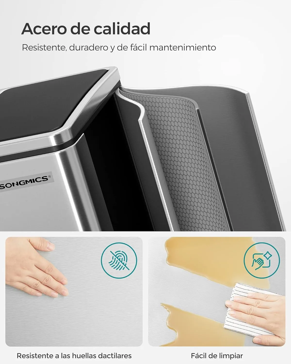 SONGMICS Cubo de Basura de Cocina  2 x 15 L  Cubo con Cubeta Doble para Reciclaje y Residuos  con Pedal  Tapas de Cierre Suave  