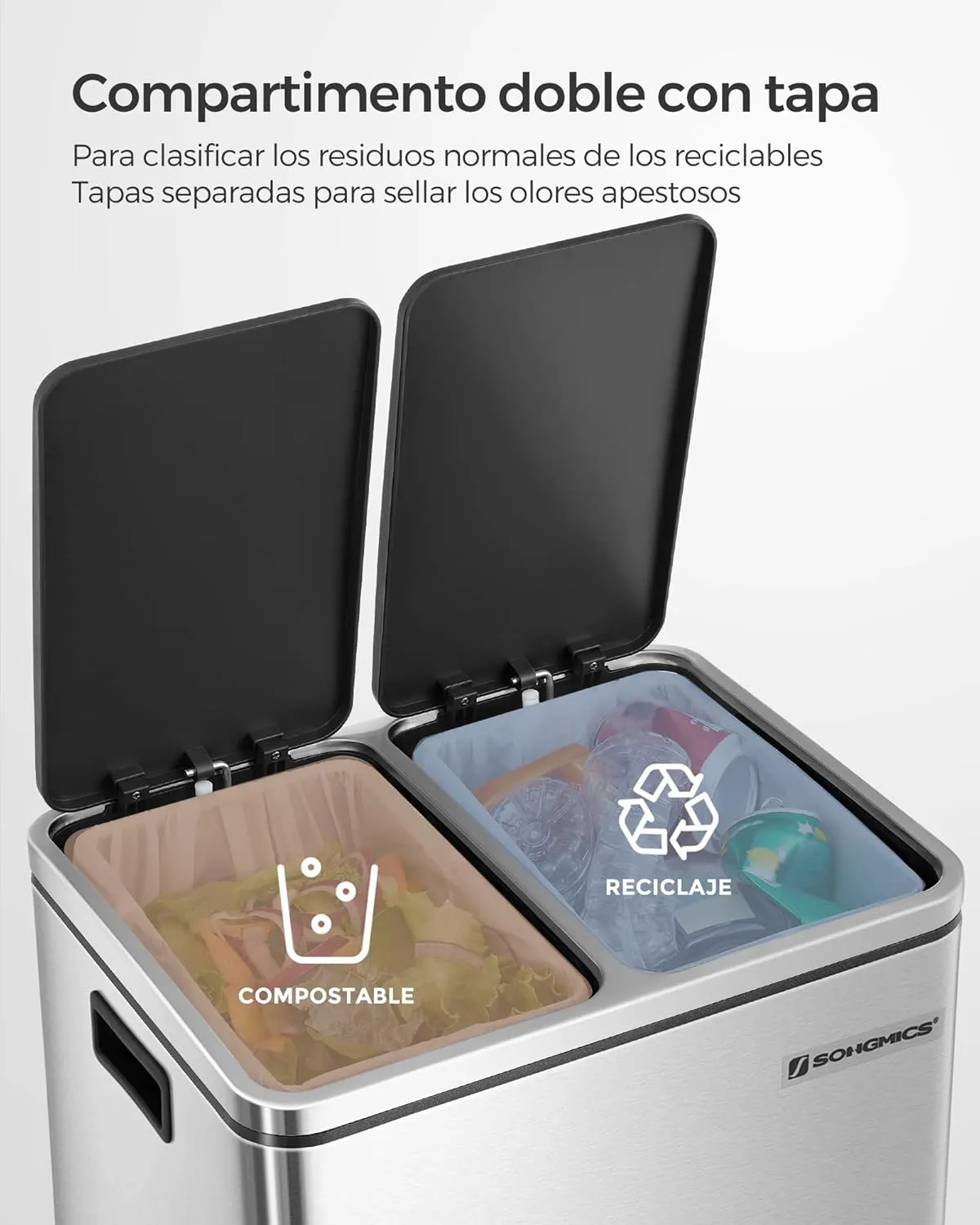 SONGMICS Cubo de Basura de Cocina  2 x 15 L  Cubo con Cubeta Doble para Reciclaje y Residuos  con Pedal  Tapas de Cierre Suave  
