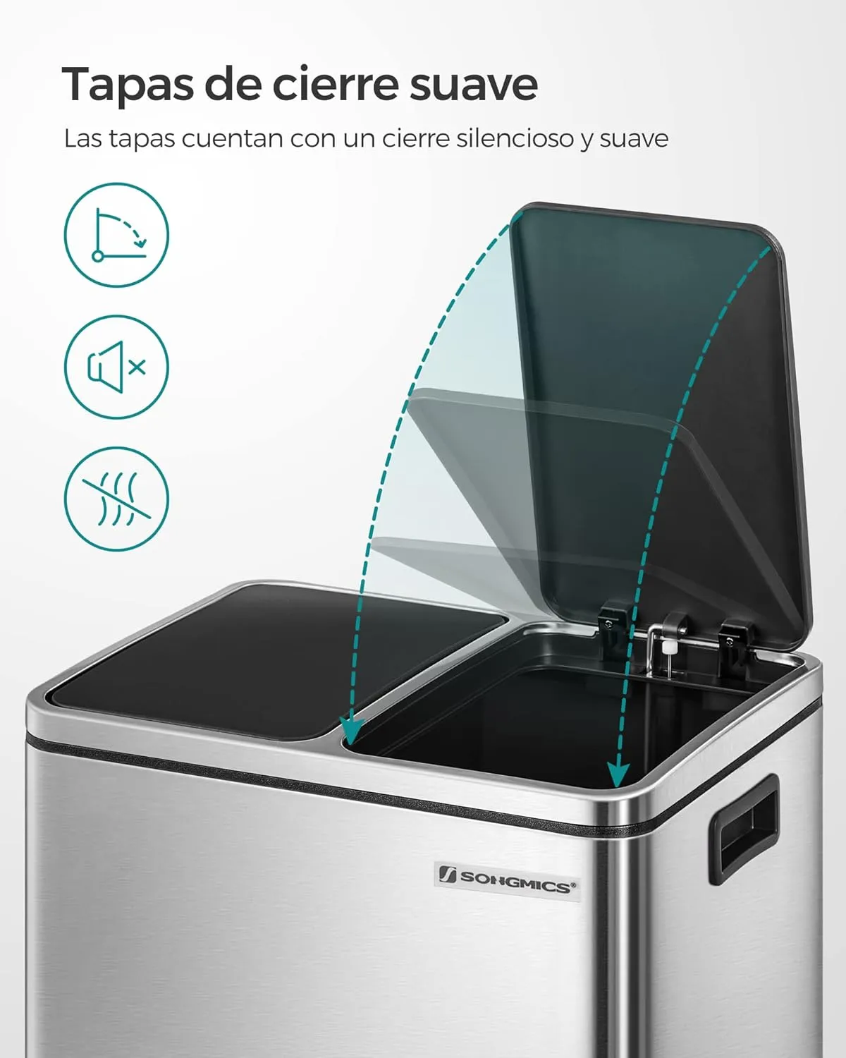 SONGMICS Cubo de Basura de Cocina  2 x 15 L  Cubo con Cubeta Doble para Reciclaje y Residuos  con Pedal  Tapas de Cierre Suave  