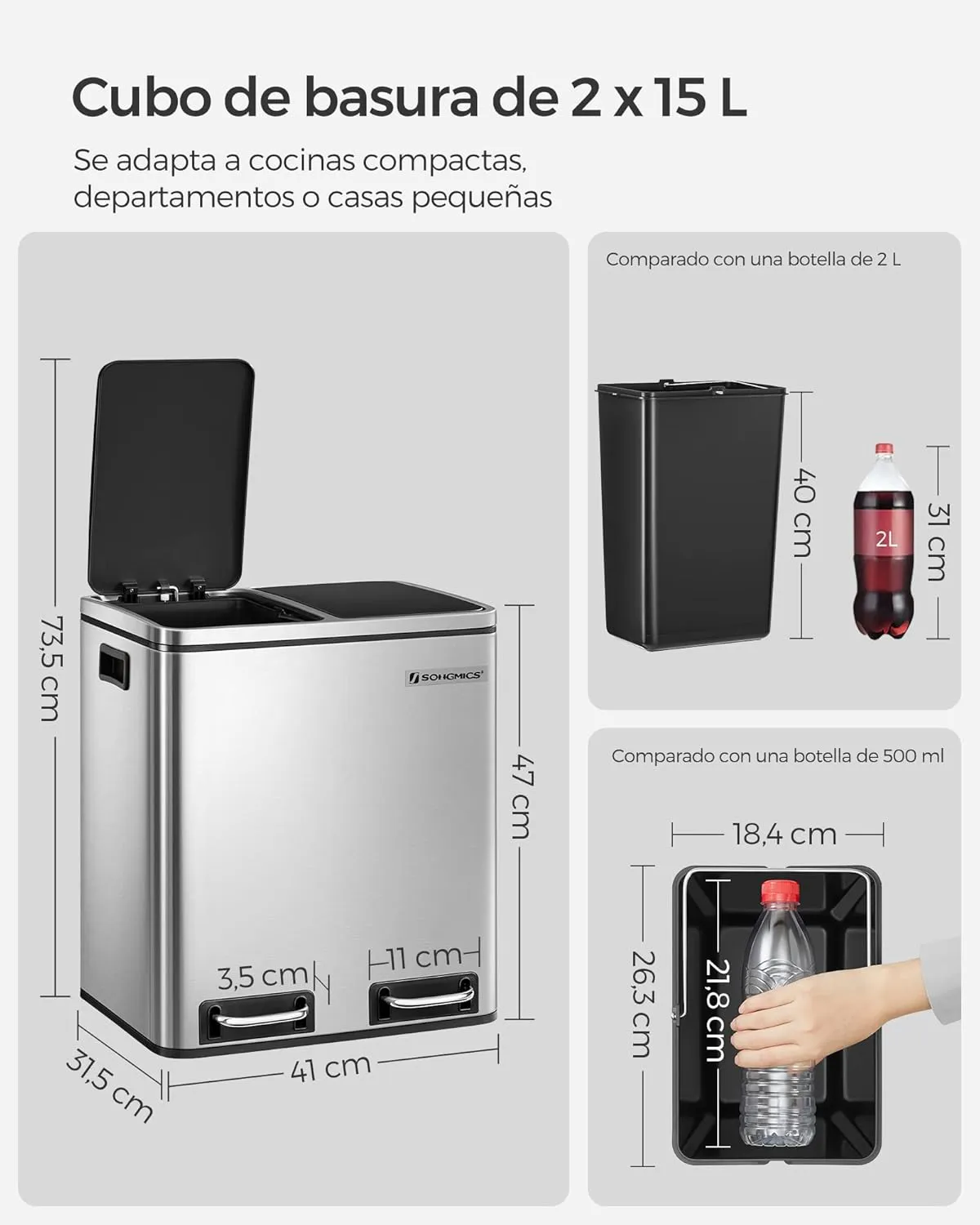 SONGMICS Cubo de Basura de Cocina  2 x 15 L  Cubo con Cubeta Doble para Reciclaje y Residuos  con Pedal  Tapas de Cierre Suave  