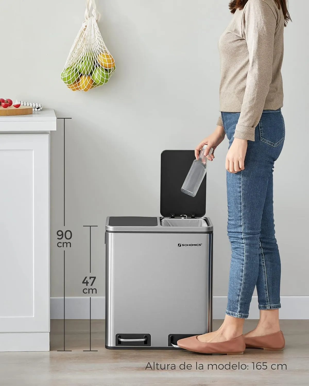 SONGMICS Cubo de Basura de Cocina  2 x 15 L  Cubo con Cubeta Doble para Reciclaje y Residuos  con Pedal  Tapas de Cierre Suave  