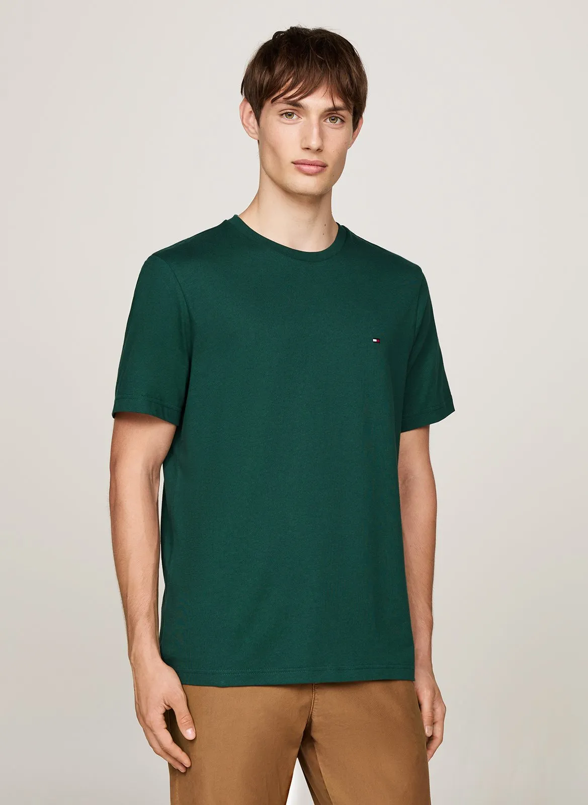 TOMMY HILFIGER Camiseta recta de algodón con cuello redondo en verde