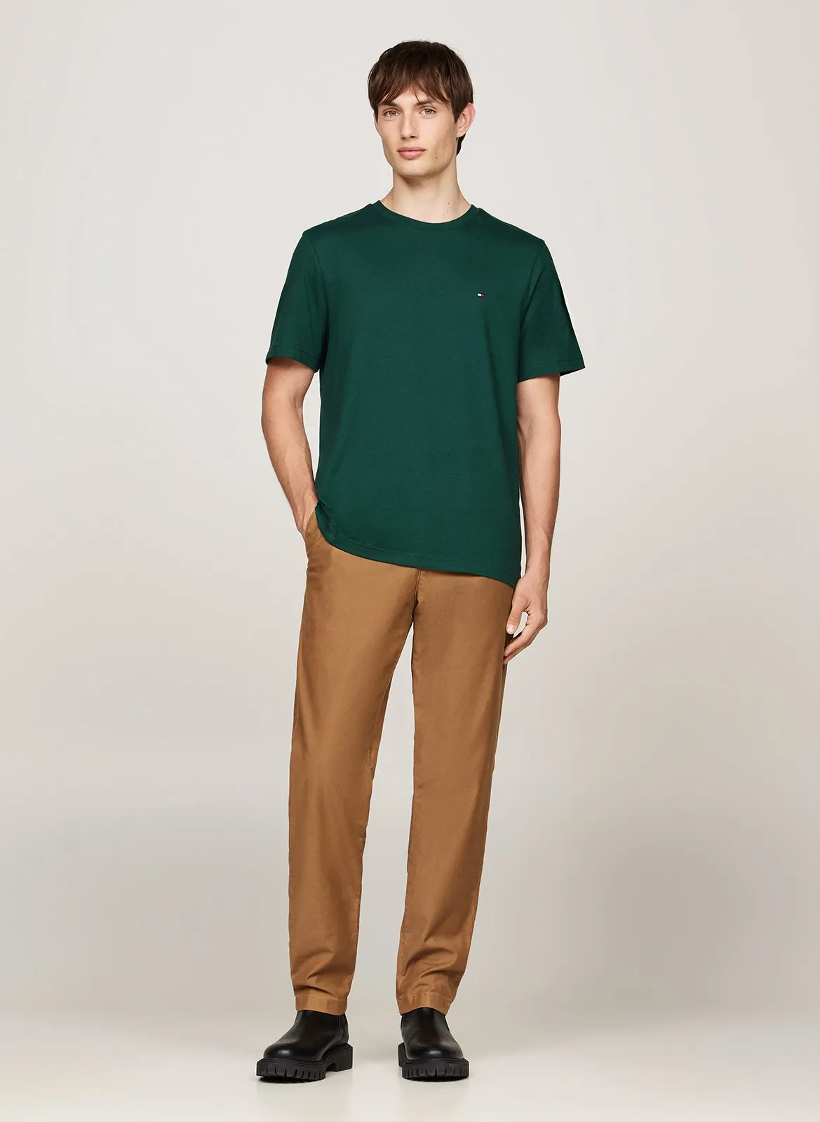 TOMMY HILFIGER Camiseta recta de algodón con cuello redondo en verde