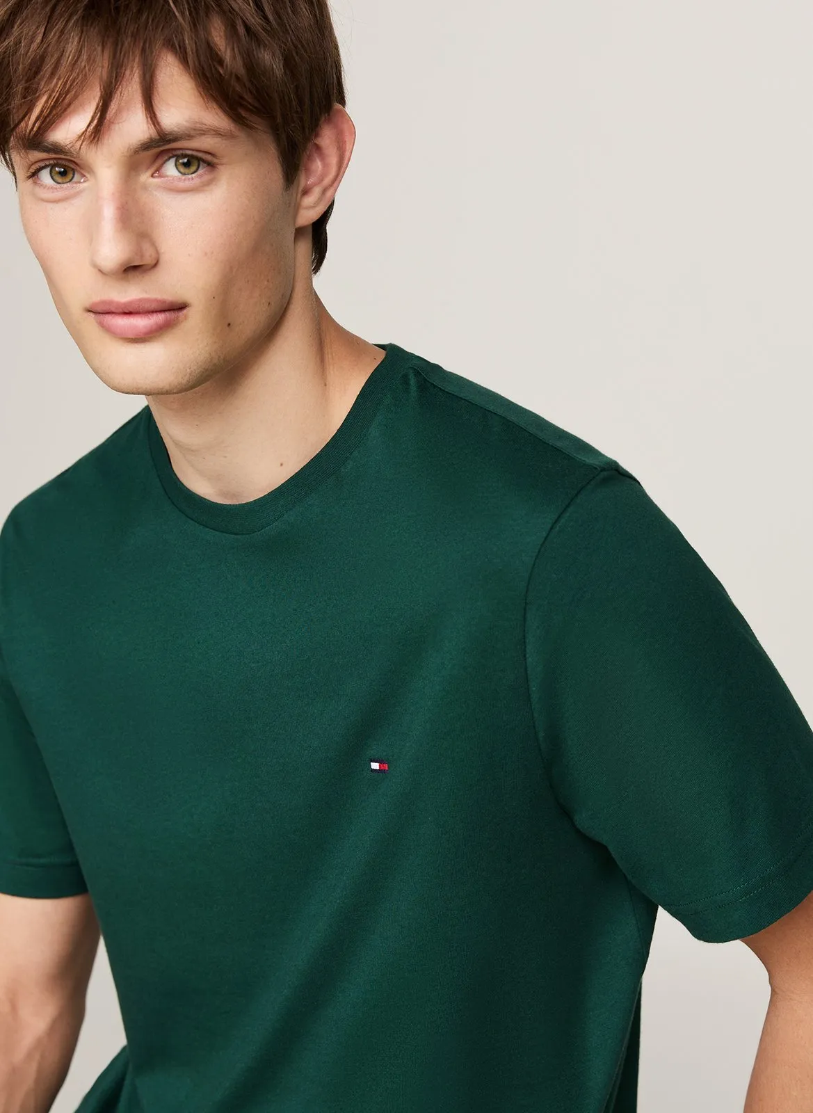 TOMMY HILFIGER Camiseta recta de algodón con cuello redondo en verde