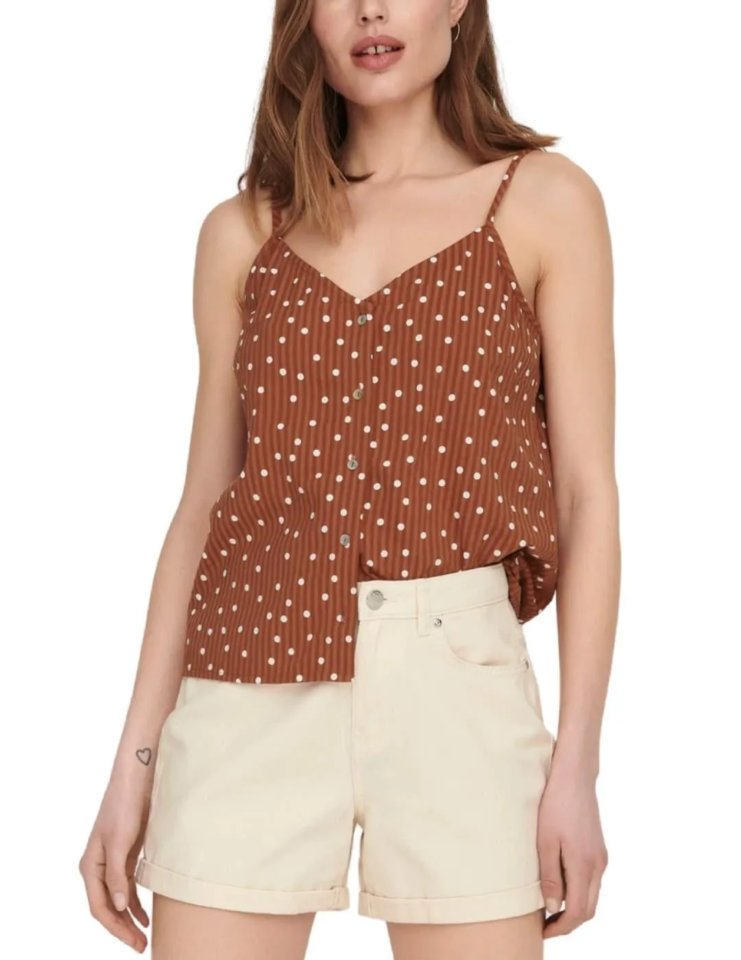 Top Only Emily de tirantes marrón con lunares para mujer