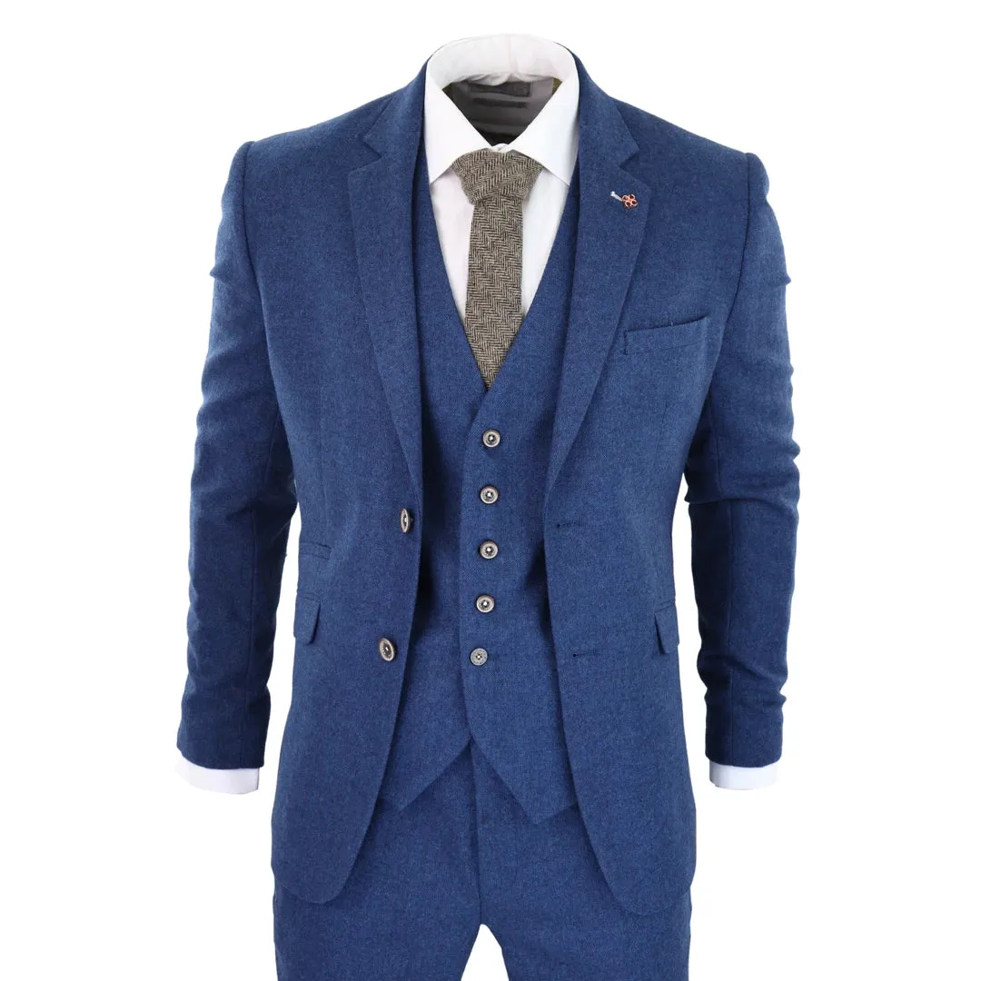 Traje de lana tweed de 3 piezas en color Azul al estilo 1920 con Chaleco clásico de 4 bolsillos para hombre