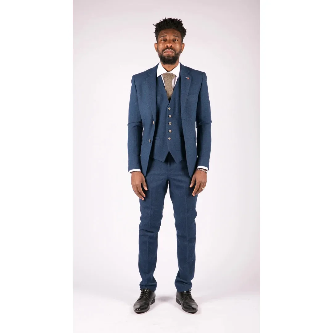 Traje de lana tweed de 3 piezas en color Azul al estilo 1920 con Chaleco clásico de 4 bolsillos para hombre