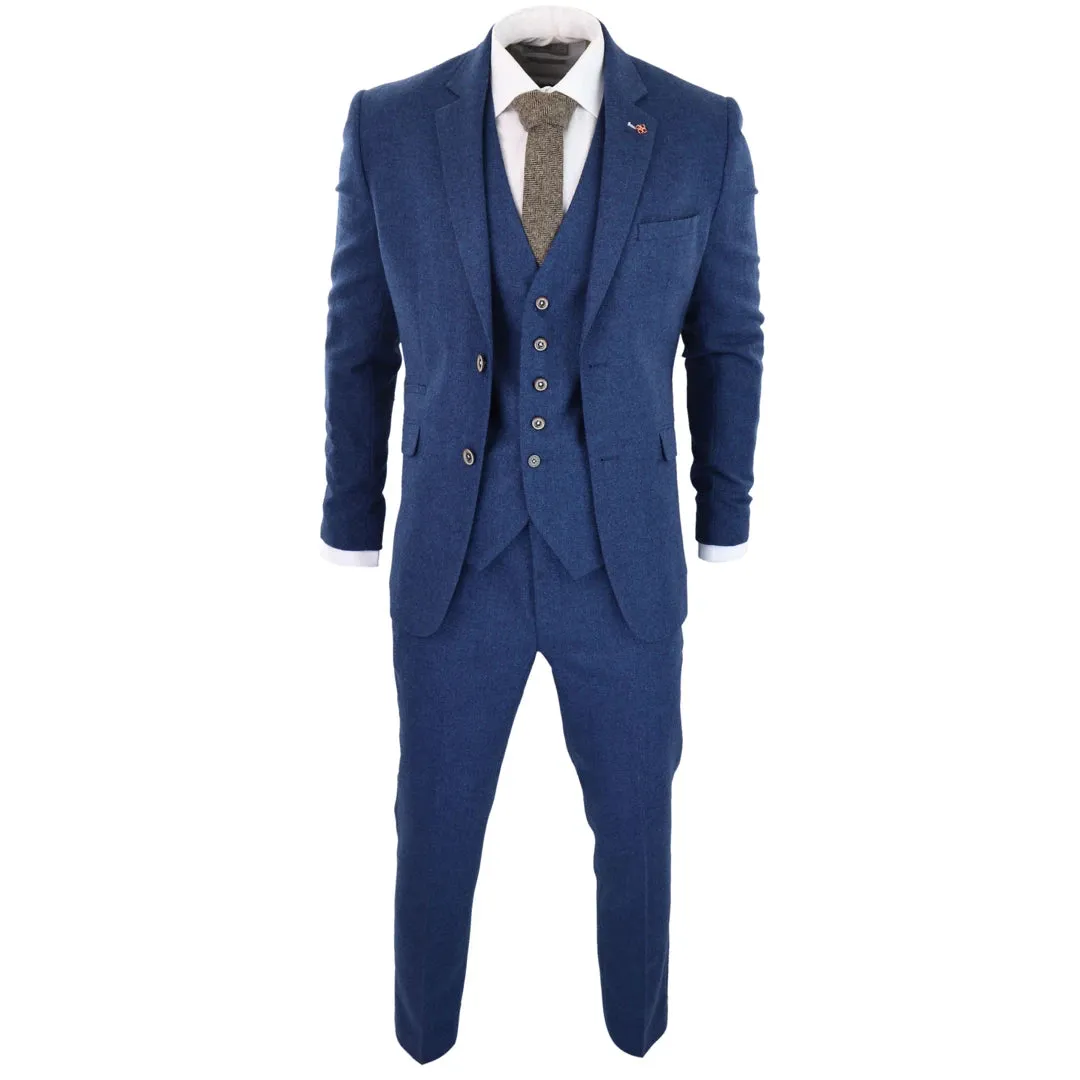 Traje de lana tweed de 3 piezas en color Azul al estilo 1920 con Chaleco clásico de 4 bolsillos para hombre