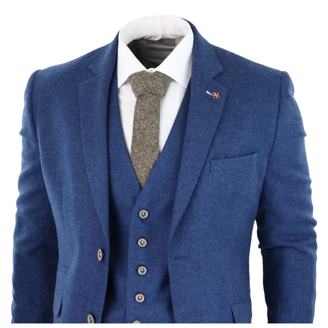 Traje de lana tweed de 3 piezas en color Azul al estilo 1920 con Chaleco clásico de 4 bolsillos para hombre