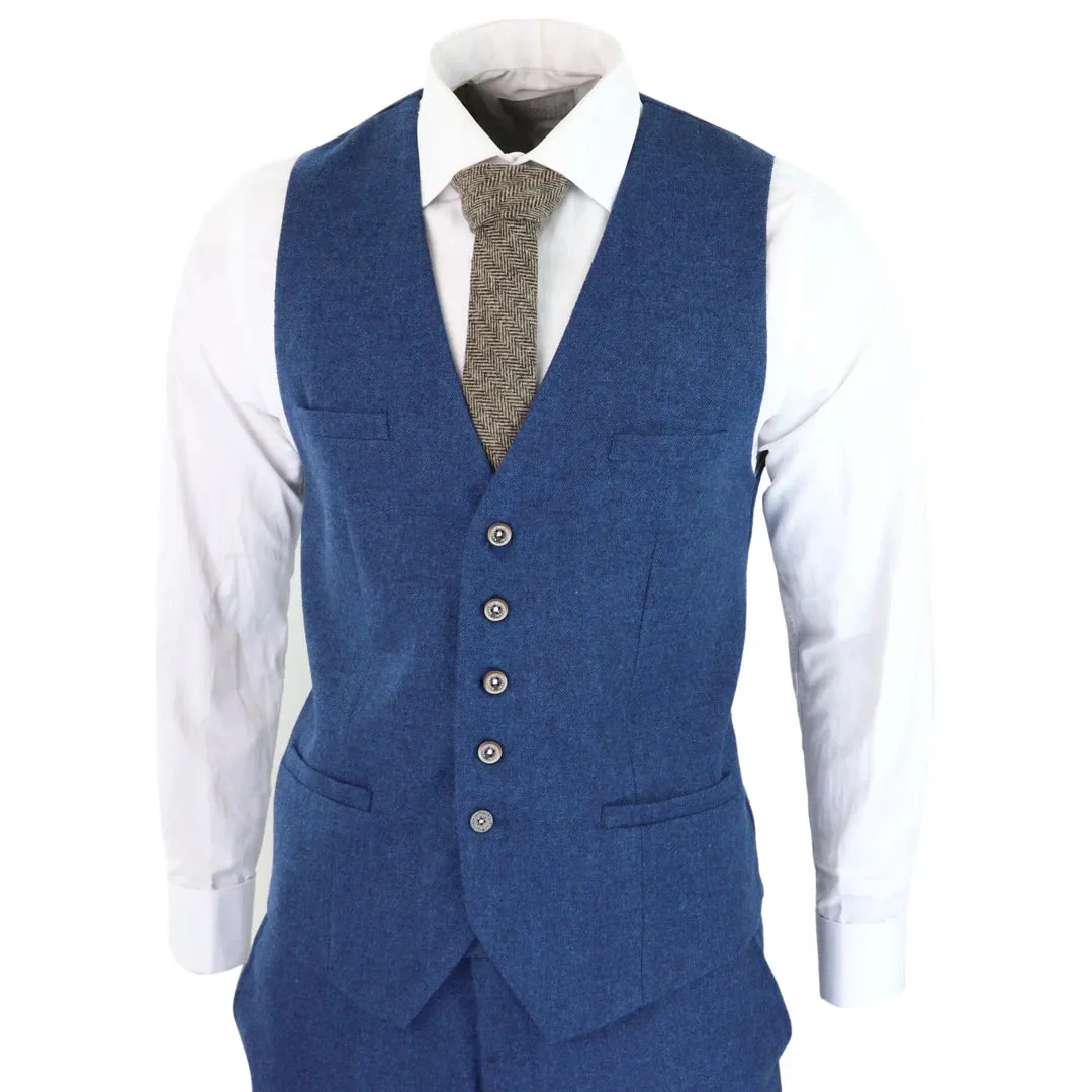Traje de lana tweed de 3 piezas en color Azul al estilo 1920 con Chaleco clásico de 4 bolsillos para hombre