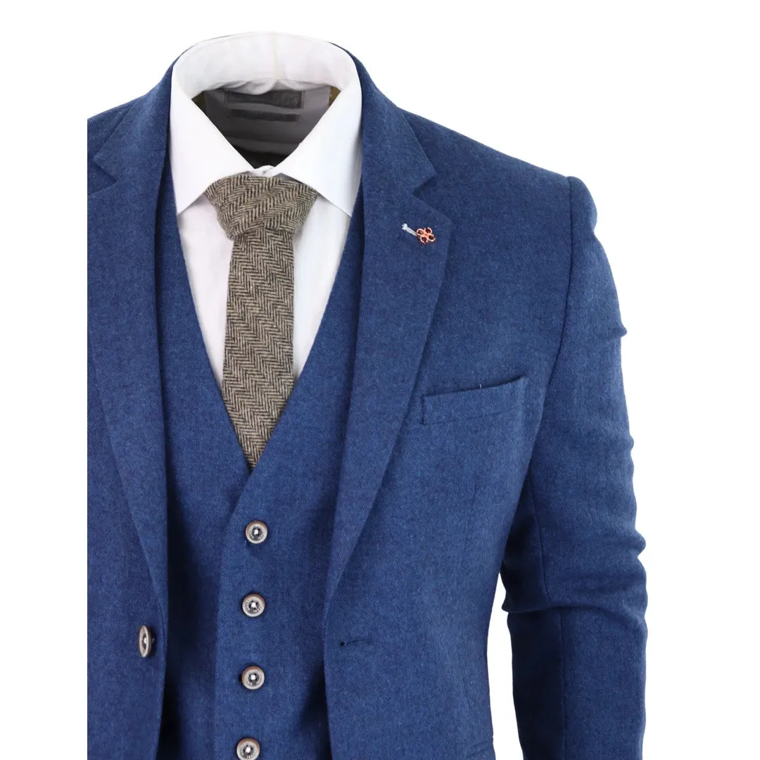 Traje de lana tweed de 3 piezas en color Azul al estilo 1920 con Chaleco clásico de 4 bolsillos para hombre
