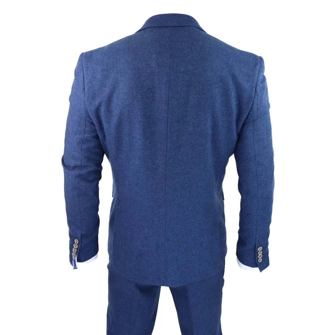 Traje de lana tweed de 3 piezas en color Azul al estilo 1920 con Chaleco clásico de 4 bolsillos para hombre