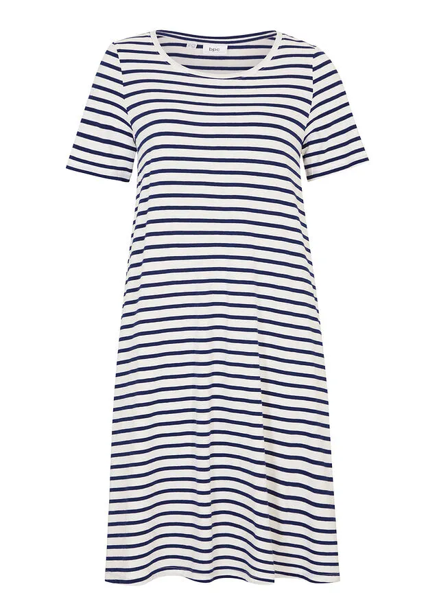 VESTIDO CAMISERO DE HILO FLAMEADO CON BOLSILLOS DE ALGODóN, HASTA LA RODILLA BLANCO LANAAZUL OXFORD DE RAYAS