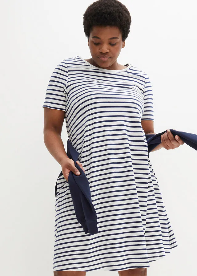 VESTIDO CAMISERO DE HILO FLAMEADO CON BOLSILLOS DE ALGODóN, HASTA LA RODILLA BLANCO LANAAZUL OXFORD DE RAYAS