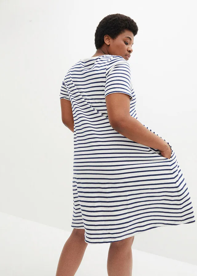 VESTIDO CAMISERO DE HILO FLAMEADO CON BOLSILLOS DE ALGODóN, HASTA LA RODILLA BLANCO LANAAZUL OXFORD DE RAYAS