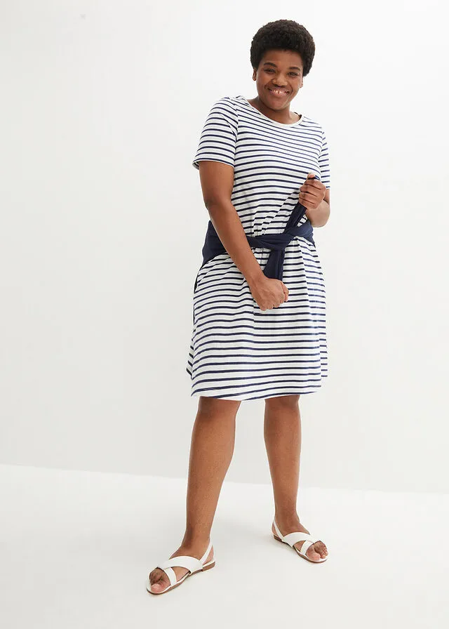VESTIDO CAMISERO DE HILO FLAMEADO CON BOLSILLOS DE ALGODóN, HASTA LA RODILLA BLANCO LANAAZUL OXFORD DE RAYAS