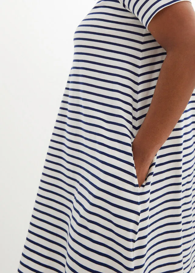 VESTIDO CAMISERO DE HILO FLAMEADO CON BOLSILLOS DE ALGODóN, HASTA LA RODILLA BLANCO LANAAZUL OXFORD DE RAYAS