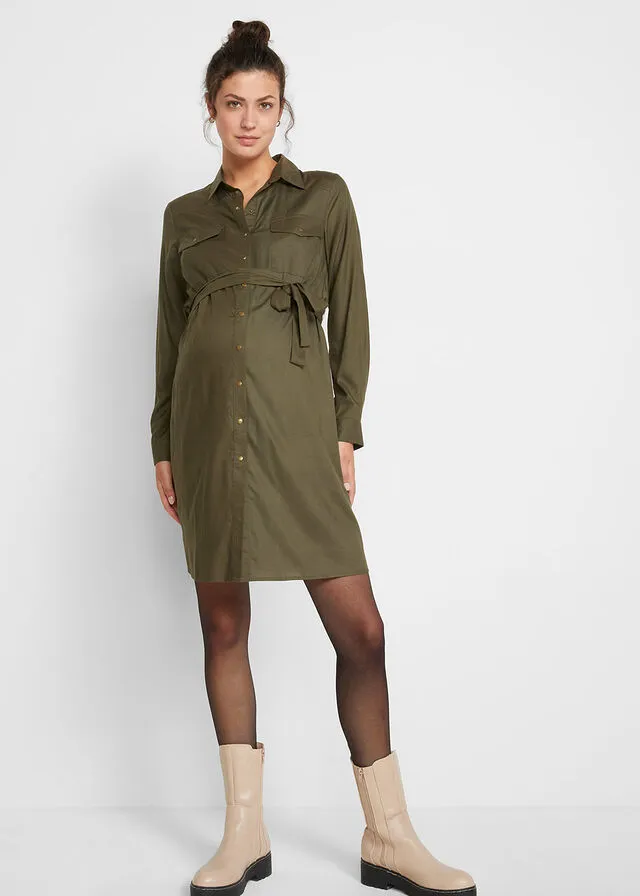 Vestido camisero premamá/de lactancia en viscosa sostenible Verde oliva oscuro