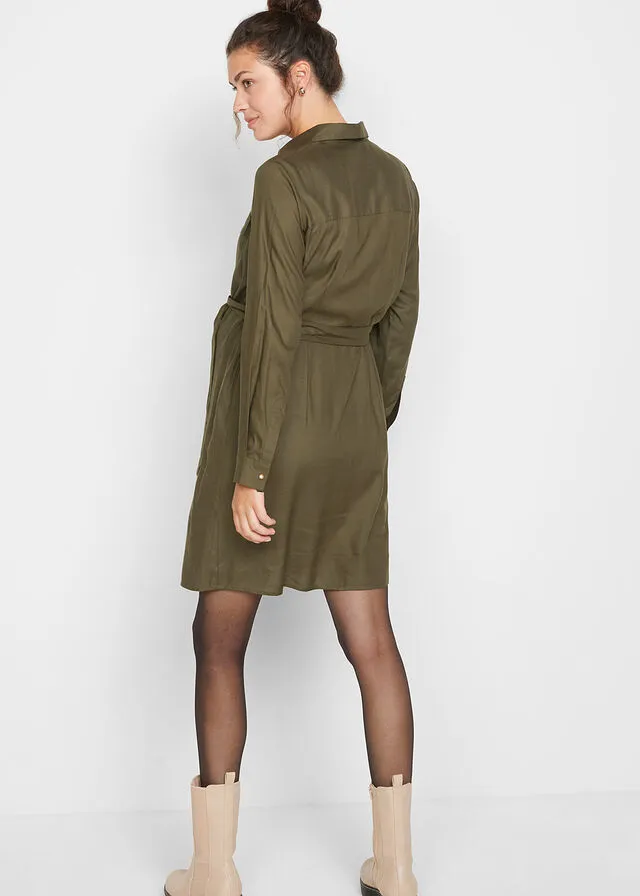 Vestido camisero premamá/de lactancia en viscosa sostenible Verde oliva oscuro