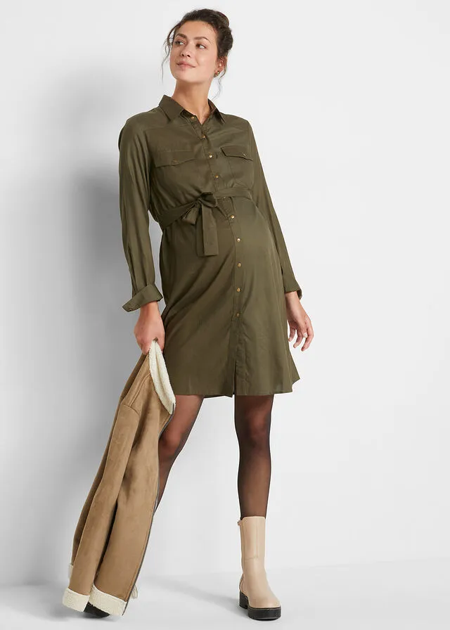 Vestido camisero premamá/de lactancia en viscosa sostenible Verde oliva oscuro