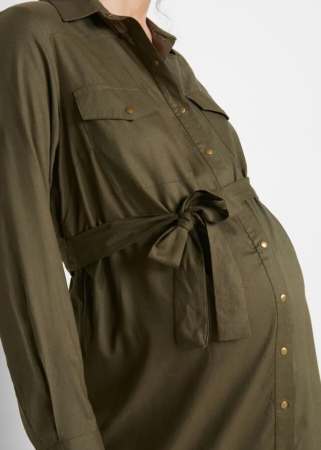 Vestido camisero premamá/de lactancia en viscosa sostenible Verde oliva oscuro